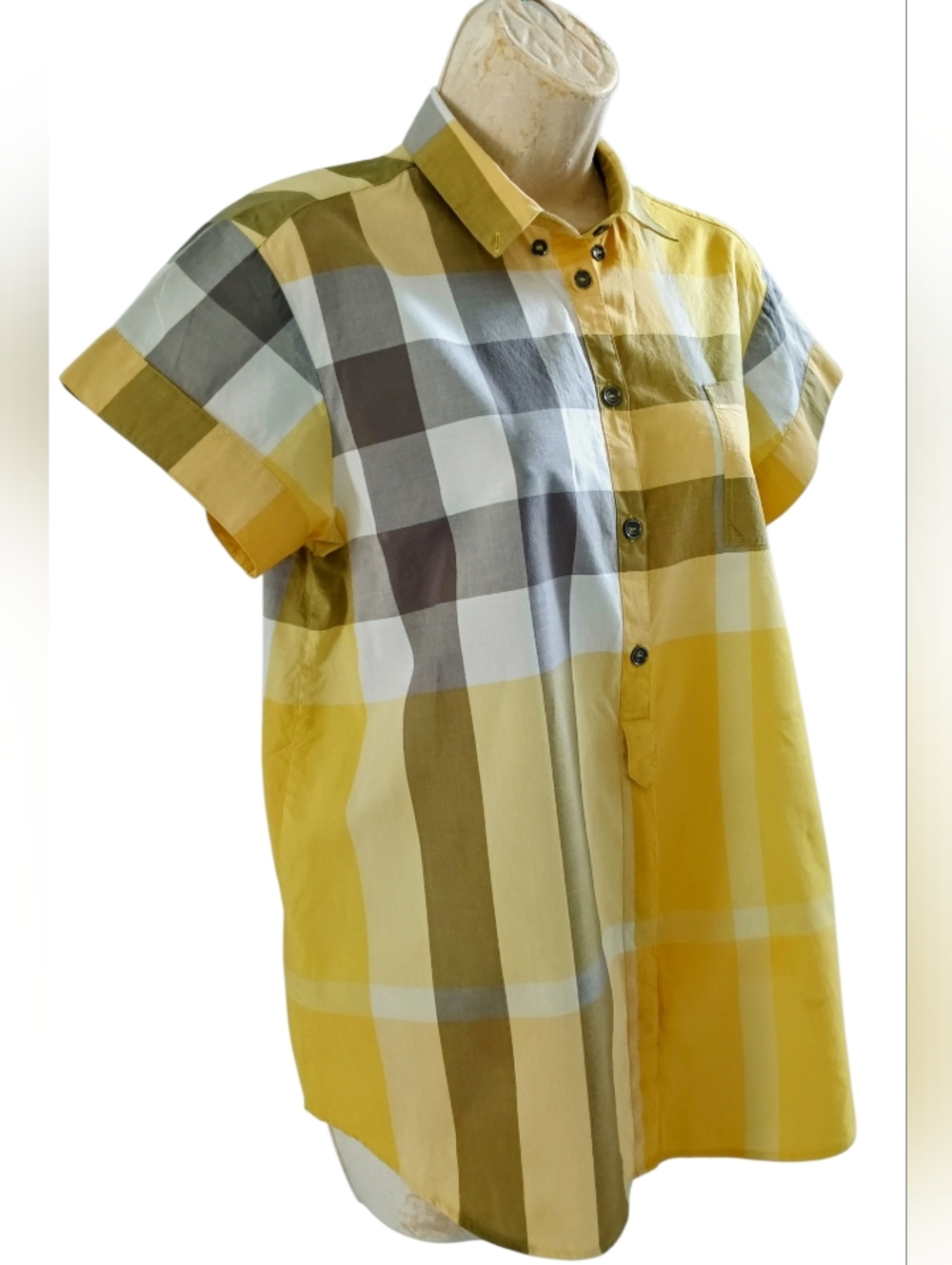 BURBERRY Nova Check Women's Size Small Yellow Plaid Short-Sleeve Button-Up!
